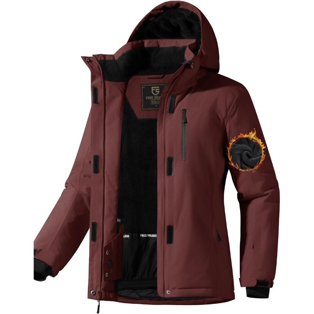 Women's Wine Red Waterproof Hood Ski Snow Jacket Fuzzy Fleece Lined Winter Warm